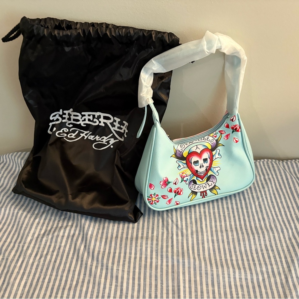 Ed Hardy Light Blue Shoulder Bag with Skull Design